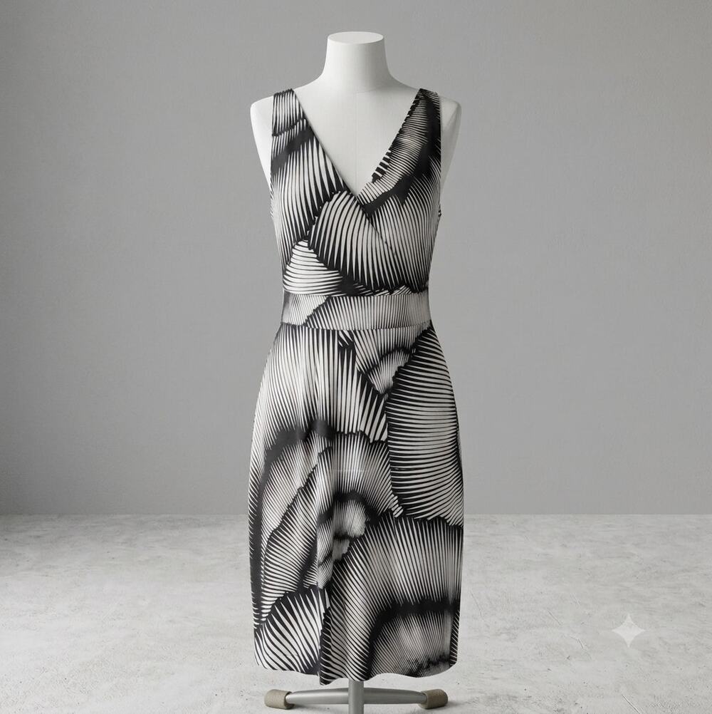100% Silk Cocktail Dress with Optical Wave Print, Cute Back Tie Detail